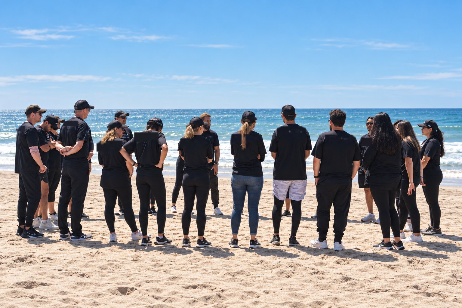 A team gathered in a circle on the beach during a Performance Under Pressure workshop