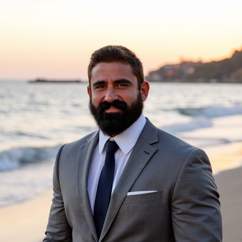 Headshot of Prime Hall in a grey suit on the beach at sunset